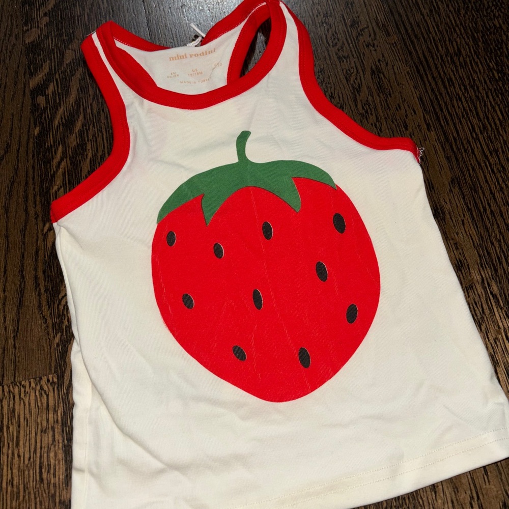 Mini Rodini White Tank Top with Red Strawberry Graphic